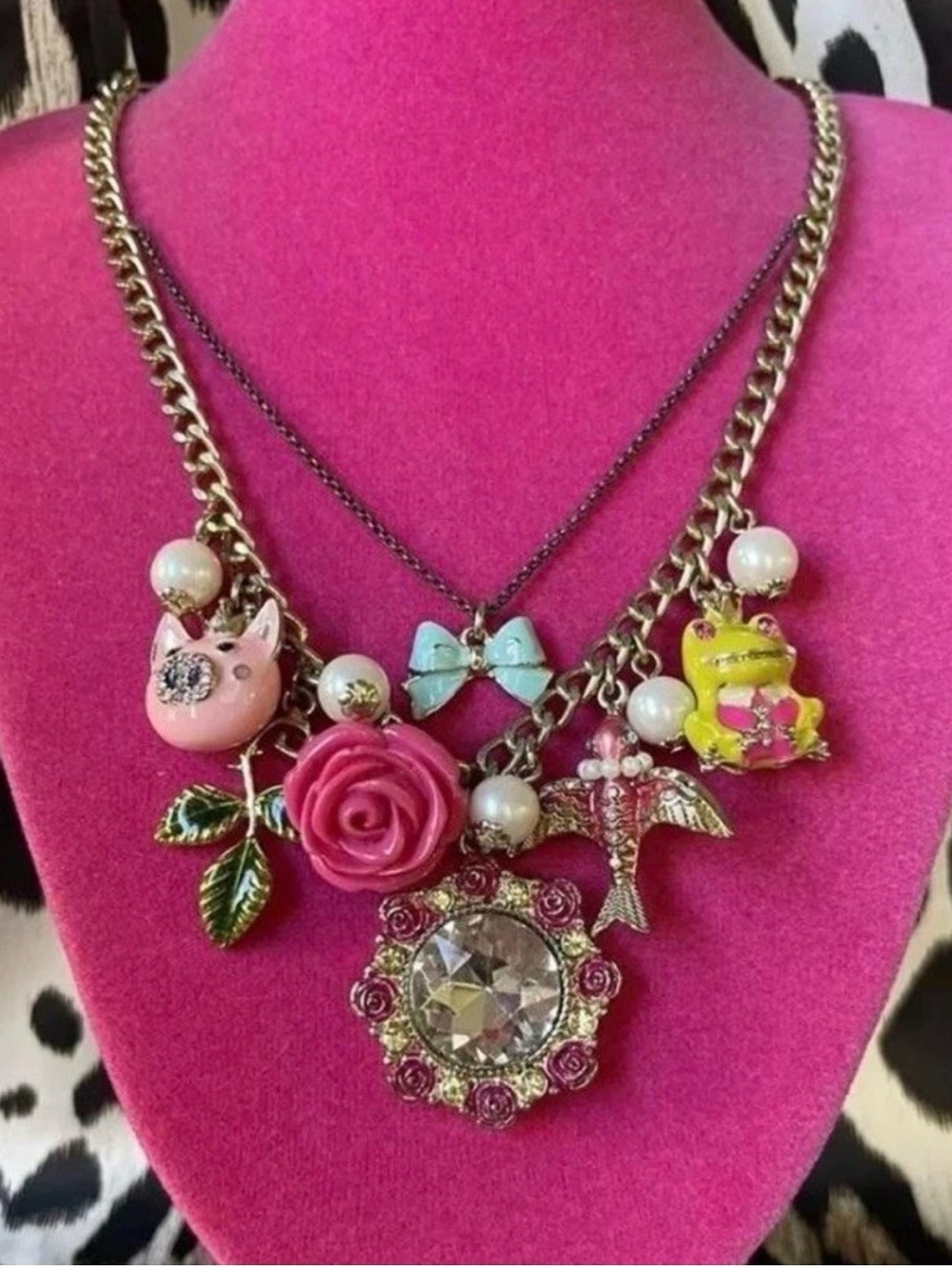 Vintage Betsey Johnson Pink Floral & Charm Statement Necklace - Picture 2 of 6